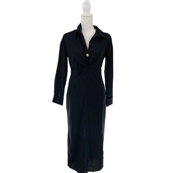 Petal & Pup NEW Monrow Black Preppy Long Sleeve Linen Midi Shirt Dress Size 2